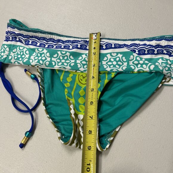 Trina Turk Bikini Bottom Ruching Tassel Size 8 Green Wave Blue Multi Color - Picture 9 of 9